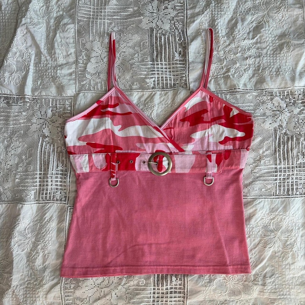 Riflessi Y2K Pink Camo Belted Crop Top Cami Spaghetti Strap NWT Size L